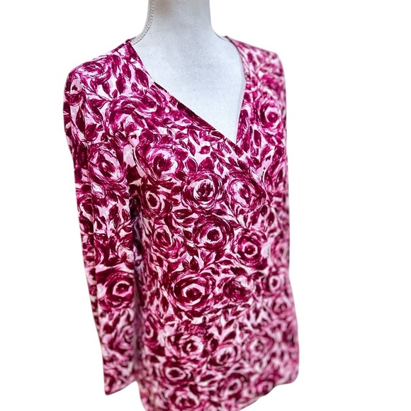 Talbots Pink Floral roses faux Wrap jersey knit v neck long sleeve top medium - Picture 3 of 8
